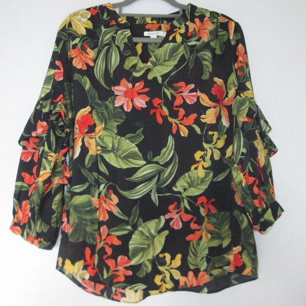 Chico's Floral Blouse Women’s 14 Red Green Orchid Print Ruffle Sleeve